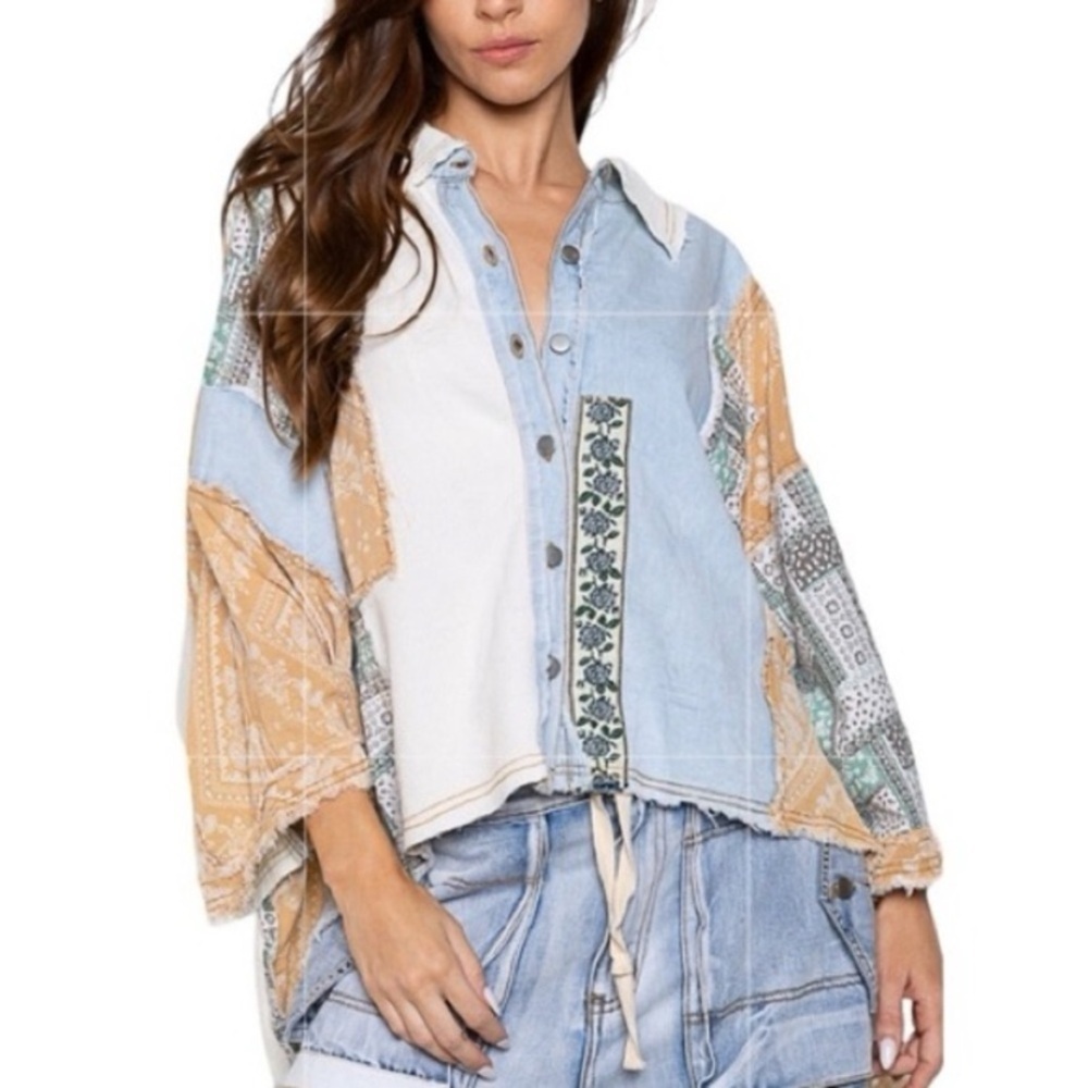 POL Light Denim Mixed Patchwork Boxy Oversized Boho Top Shacket Women’s Size M